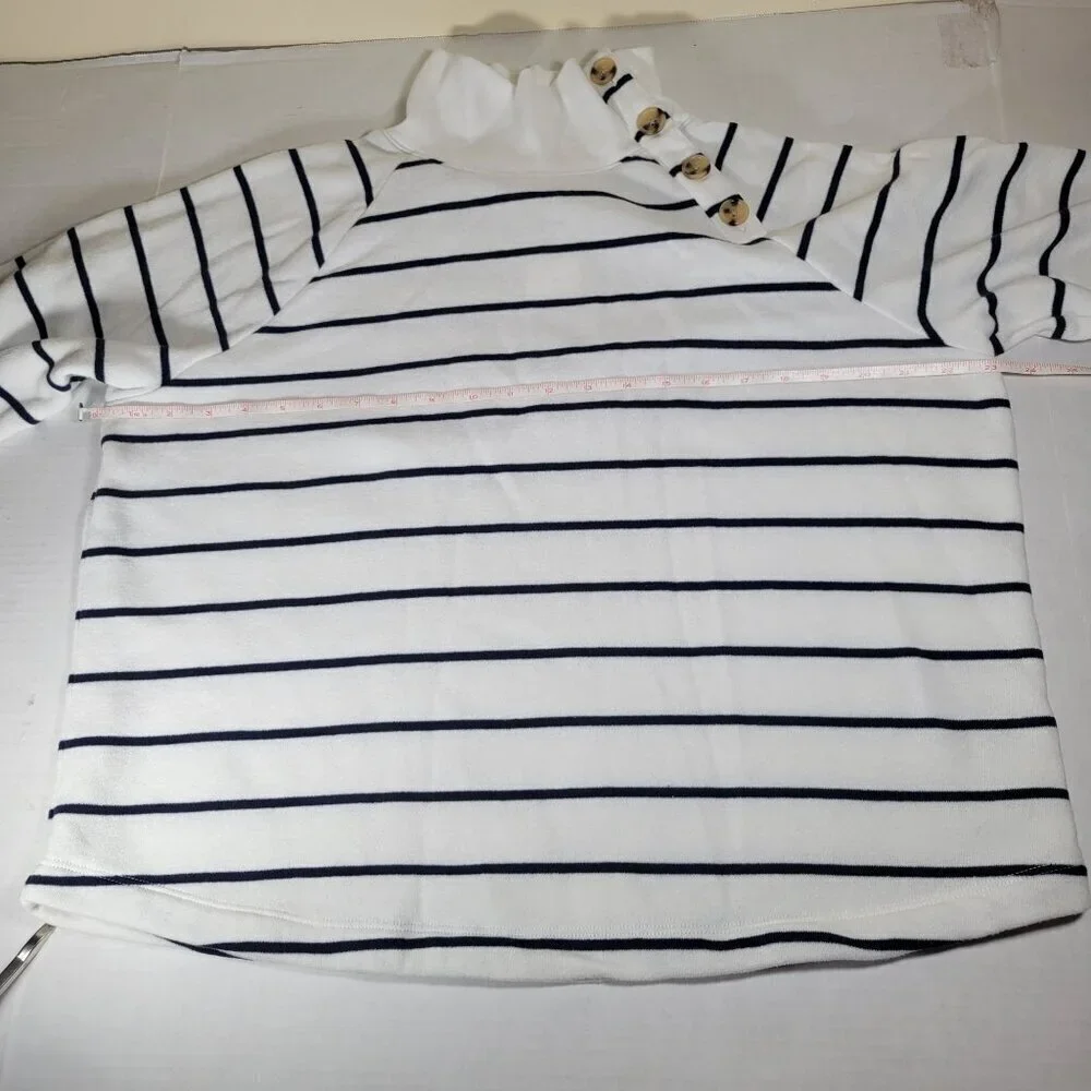 J.Crew Women White Navy Stripe Button Neck Long Sleeve Cotton Blend Tunic Size L
